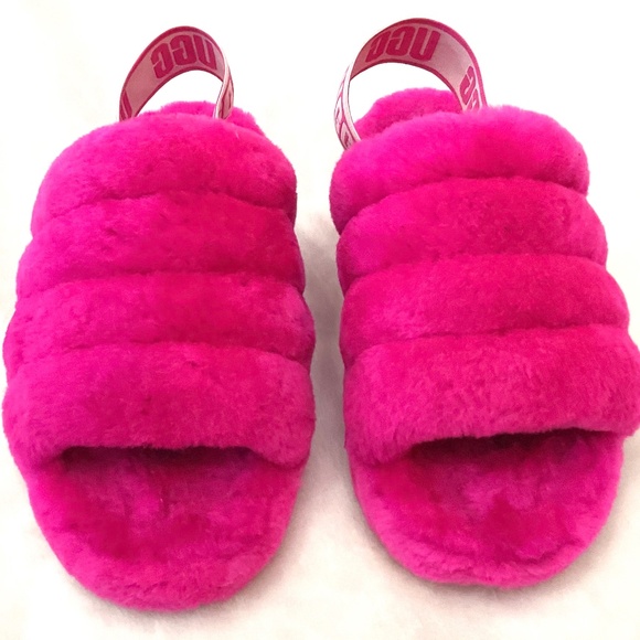 UGG FLUFF YEAH LAMB FUR HOT PINK SLING BACK PEEP TOE SLIPPERS SZ 7 - Picture 5 of 14